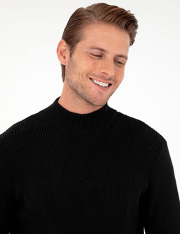 Siyah Slim Fit Yar_m Bal_k__ Yaka Y_n Kar___ml_ Triko Kazak - Pierre cardin фото 2