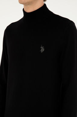 Erkek Slim Fit Yar_m Bo_azl_ Siyah Basic Kazak