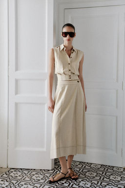 TOP CON LINO MANGA SISA / Beige claro