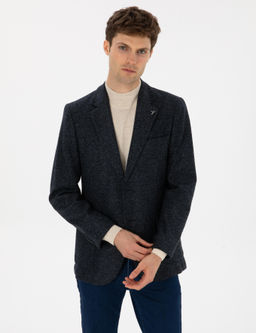 Lacivert Slim Fit Y_n Kar___ml_ Flanel G_r_n_ml_ Ceket