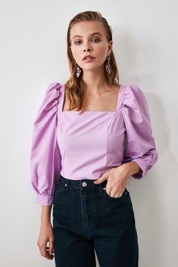 Trendyolmilla Vizon Balon Kol Kare Yaka Dokuma Bluz TWOAW21BZ0210 фото 11