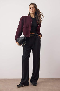 Siyah Kemerli Dusuk Bel Wide Leg/Genis Paca Dokumlu Kumas Pantolon TWOAW26PL00068