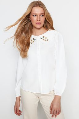 TRENDYOLMILLA Ekru Yakas? Nak?s Detayl? Pamuk Regular Normal Kal?p Dokuma Gomlek TWOSS23GO00009 фото 9