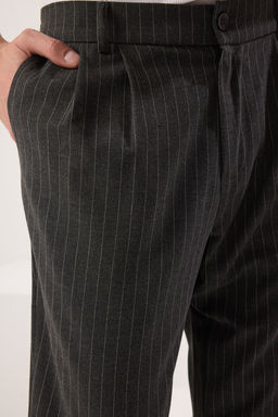 Antrasit Cizgili Pileli Klasik Baggy Fit Kumas Pantolon TMNSS24PL00024