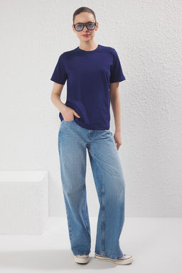 TRENDYOLMILLA Lacivert %100 Pamuk Regular/Normal Kal?p Takma Yaka Detayl? Orme T-Shirt TWOSS25TS00181  фото 5