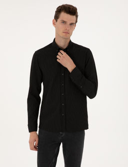 Siyah _izgi Bask_l_ Slim Fit Uzun Kollu G_mlek