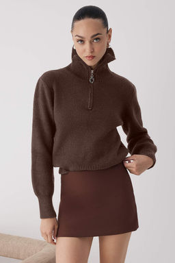 Wardrobe Essentials Kahverengi Yunlu Premium Iplik Fermuarl? Basic Triko Kazak | TWOAW26KZ00071