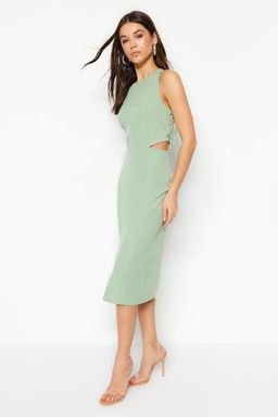 TRENDYOLMILLA Mint Vucuda Oturan Cut Out Detayl? Kolsuz Midi Kalem Etek Dokuma Elbise TWOSS23EL02043