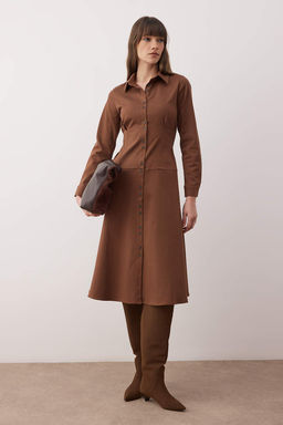 Kahverengi Dugme Detayl? Midi Dokuma Gomlek Elbise TWOAW26EL00264