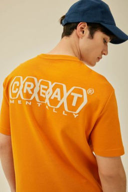 Regular Fit Bisiklet Yaka S?rt Bask?l? K?sa Kollu Ag?r Kumas Tisort