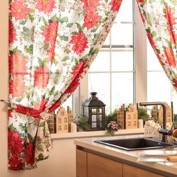 Комплект штор для кухни с подхватами «Доляна. Рождественские цветы», 2 шт., белые, 145×180 см