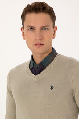 Erkek Slim Fit V Yaka Haki Melanj Basic Triko Kazak - U.s. polo assn фото 2