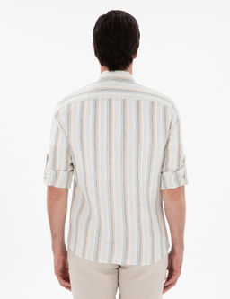 A__k Mavi Slim Fit _izgili Yakas_ D__meli %100 Keten G_mlek