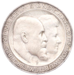 3 марки 1911 года F Германия (Вюртемберг) 25 лет свадьбе Вильгельма II и Шарлотты