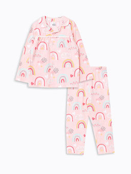 Polo Yaka Uzun Kollu Bask?l? K?z Bebek Pijama Tak?m?