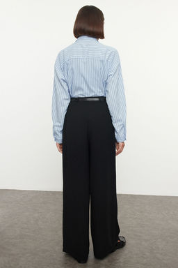 Siyah Kemerli Pilili Wide Leg/Extra Genis Paca Dokuma Pantolon TWOAW25PL00032 Palazzo
