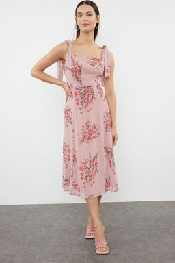 Pembe Cicekli A Kesim Y?rtmacl? S?rt? Gipe Detayl? Sifon Astarl? Midi Dokuma Elbise TWOSS24EL00699