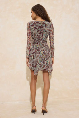 Cok Renkli Sal Desen A-Kesim/Can Form Asimetrik Kay?k Yaka Mini Tul Orme Elbise TWOSS26EL00104