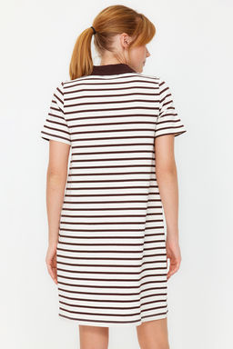 Kahverengi Beyaz Cizgili Polo Yaka A Kesim/Can Form Orme Elbise TWOSS24EL00023 - Trendyolmilla фото 6