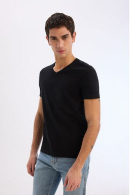 Slim Fit Dar Kesim V Yaka Basic Duz K?sa Kollu Tisort