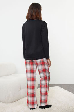Kad?n Couple/Cift Siyah %100 Pamuklu Sloganl? ve Kalpli Ekoseli Orme Pijama Tak?m? THMAW25PT00160