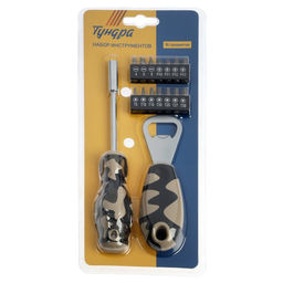 Набор инструментов ТУНДРА 23 ФЕВРАЛЯ, открывашка, отвертка с битами, 16 предметов