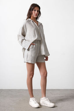 TRENDYOLMILLA Bej Beli Lastikli Cizgili Muslin Sort & Bermuda TWOSS25SR00039 фото 2