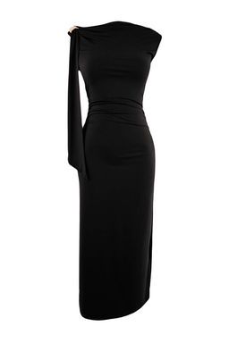 Limited Edition Siyah Bodycon Asimetrik Yaka Kolsuz Aksesuarl? Maxi Esnek Orme Elbise TWOSS26EL00258 - Trendyolmilla фото 5