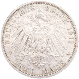Монета 3 марки 1911 года G Германия (Баден)