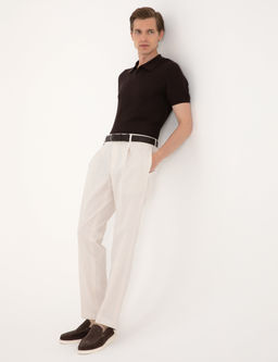 Bej Slim Fit Keten Kar___ml_ Pileli Kuma_ Pantolon