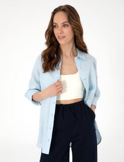 A__k Mavi Oversize Uzun Kollu %100 Keten G_mlek