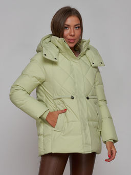 Зимняя женская куртка модная с капюшоном салатового цвета 52302Sl