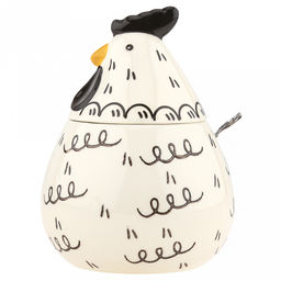 Банка для специй фарфоровая Петушок 460мл, д8-10,5см, h8,2см, с выемкой для ложки, общая h14,7см, металлическая ложка Веточка 12,3см, кремовый/черный с узором (Китай) - Домашняя мода фото 2