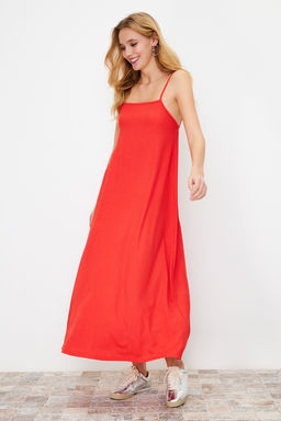 K?rm?z? Ayarlanabilir Ask?l? Kare Yaka A-Line Burumcuk/Dokulu Orme Maxi Elbise TWOSS24EL00060