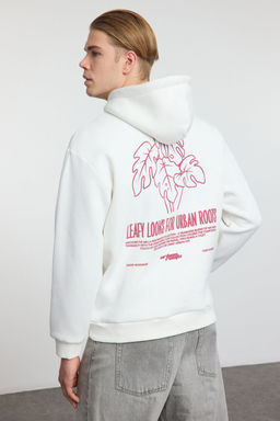 TRENDYOL MAN Ekru Oversize/Genis Kesim Kabartma Bask? ve S?rt Nak?s Detayl? Ici Polar Sweatshirt TMNAW25SW00072