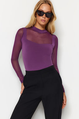 TRENDYOLMILLA Siyah Slim Tul Detayl? Uzun Kollu Dik Yaka Alttan C?tc?tl?Esnek Orme Body TWOAW24BD00049