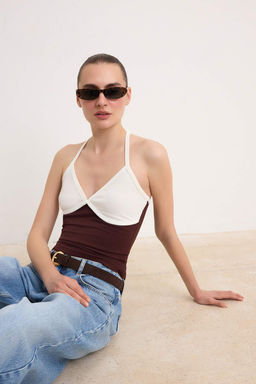 Cok Renkli Fitted/Vucuda Oturan V Yaka Kolsuz Pamuklu Esnek Orme Bluz TWOSS26BZ00881