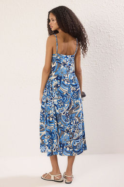 Mavi Geometrik Desenli Duz Kesim Midi Dokuma Elbise TWOSS25EL00044