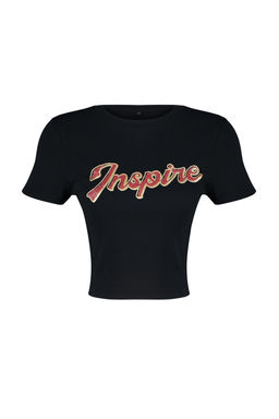 TRENDYOLMILLA Siyah %100 Pamuk Slogan Bask?l? Vucuda Oturan Crop Orme T-Shirt TWOSS24TS00213 фото 7