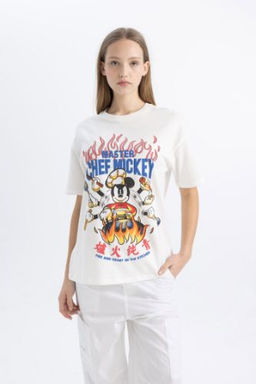 Unisex Coool Disney Mickey & Minnie Oversize Bisiklet Yaka K?sa Kollu Tisort