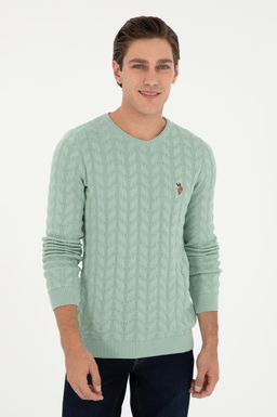 Erkek Slim Fit Bisiklet Yaka Su Ye_ili Basic Kazak