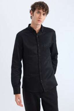 Slim Fit Dar Kesim Polo Yaka Dokulu Uzun Kollu Gomlek