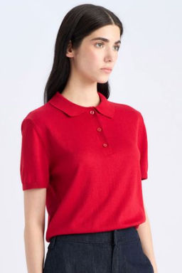 Regular Fit Polo Yaka Basic Duz K?sa Kollu K?rm?z? Triko Kazak
