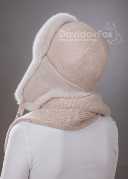 Комплект ушанка трикотаж экомех розовый жемчуг косынка