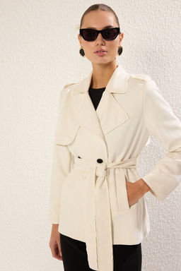 Trendyolmilla Ekru Kruvaze Suet Oversize Midi Trenckot TWOSS25TR00001 фото 2