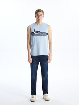 Bisiklet Yaka Bask?l? Erkek Kolsuz Ti??rt