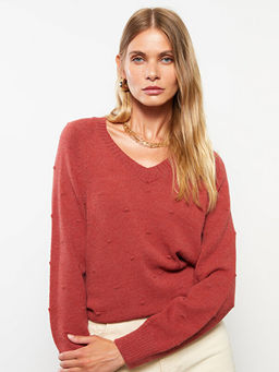 V Yaka Kendinden Desenli Uzun Kollu Kad?n Triko Kazak - Waikiki фото 2