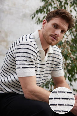 TRENDYOL MAN Ekru -Lacivert Cizgili Regular Fit Dokulu Polo Yaka Triko Tshirt TMNSS25PO00039