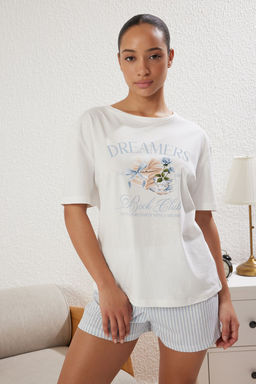 Trendyolmilla Ekru-Mavi %100 Pamuklu Cizgili Bask?l? Sortlu Orme Pijama Tak?m? THMSS25PT00214 фото 2