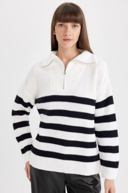 Relax Fit Cizgili Yar?m Fermuarl? Selanik Kumas Triko Kazak